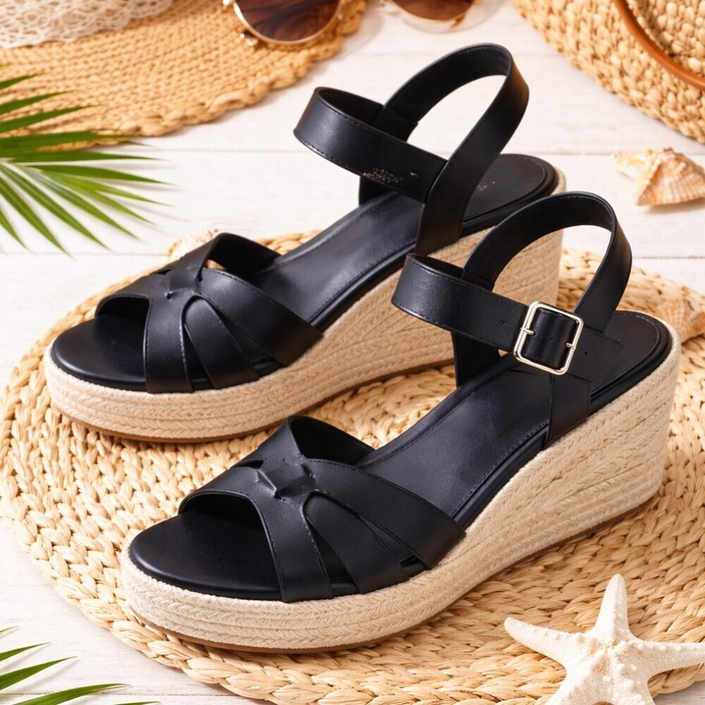 Time & Tru Women’s Black Espadrille Wedge Sandals Size 9 Ankle Strap Platform